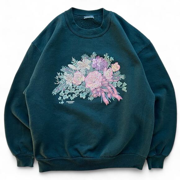 Vintage Other - Vintage Flowers Crewneck Sweatshirt Dark Green M Pink Roses Ivy Granny Nature